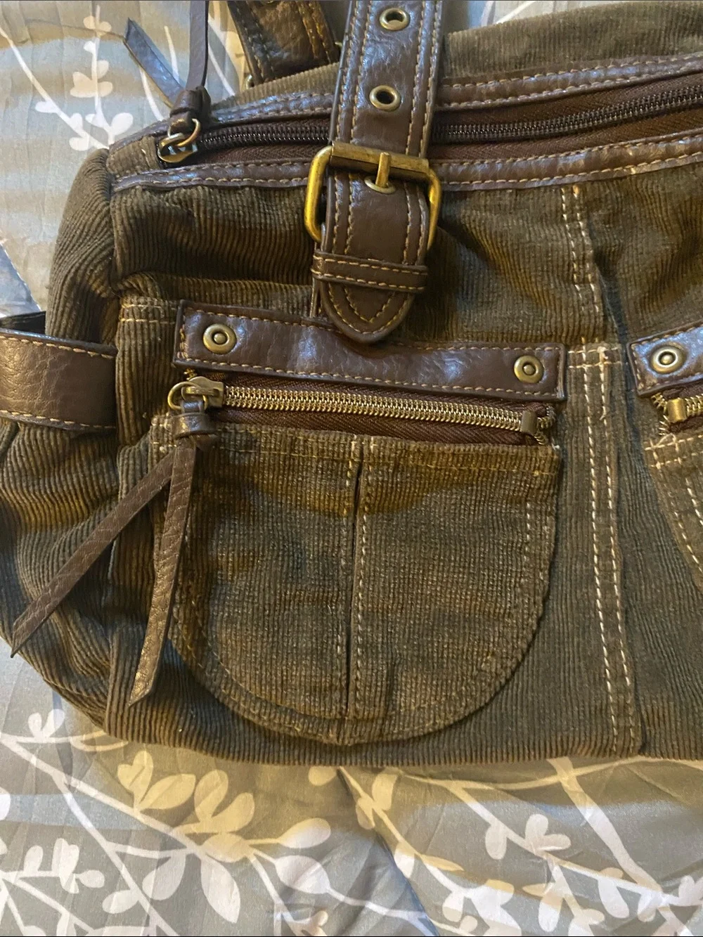 Corduroy and Faux-Leather Olive Green Small Shoulder Bag